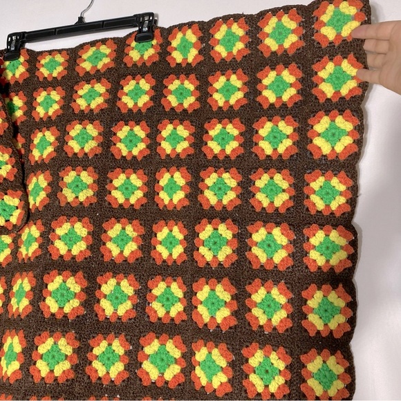 Vintage Handmade Brown Orange Yellow Green Crochet Granny Square Afghan Blanket - Picture 8 of 12